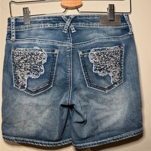 Hydraulic Light Blue Denim Shorts with Embroidery